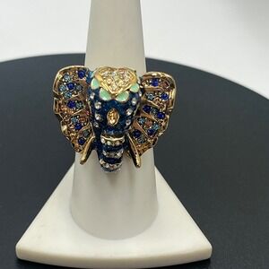 Betsey Johnson Asian Jungle Blue Elephant Trunk Up Cocktail Stretch Ring